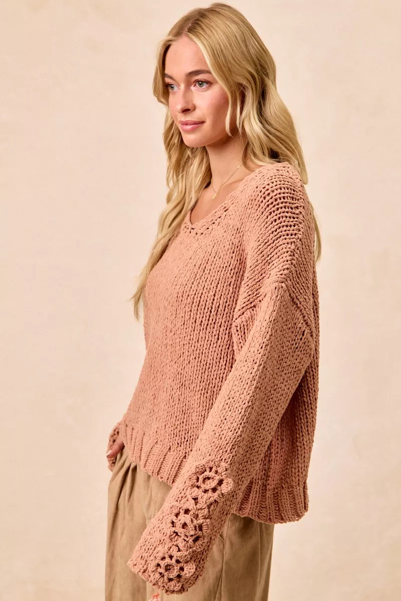Chunky Knit Sweater with Flower Detail Sleeves, Peach