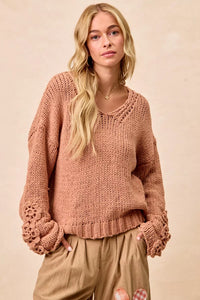 Chunky Knit Sweater with Flower Detail Sleeves, Peach