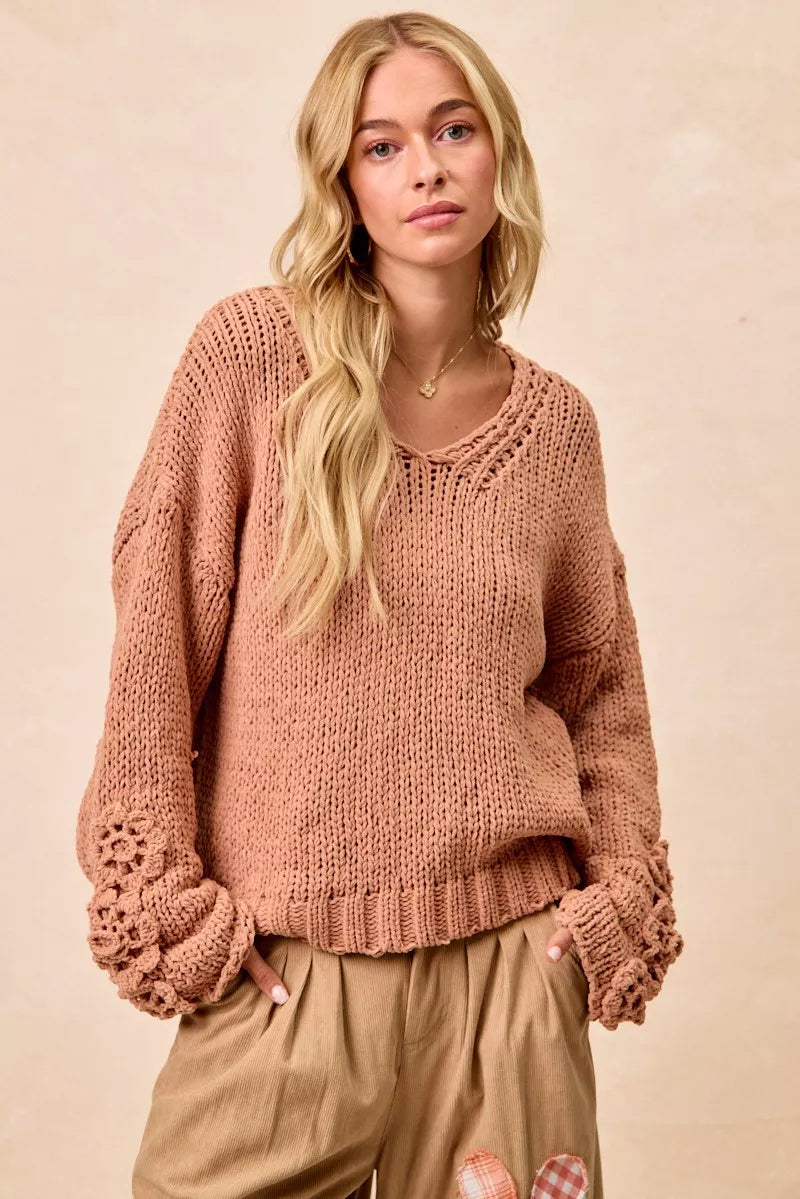 Chunky Knit Sweater with Flower Detail Sleeves, Peach