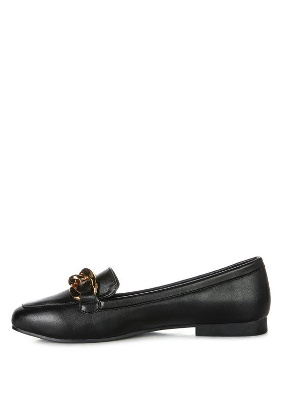 Chunky Metal Chain Faux Leather Loafers-Walking these incredibly stylish faux leather loafers is a treat. Crafted in great quality and finish, comfortable women's shoes have chunky metal chain detail.-Reef Love