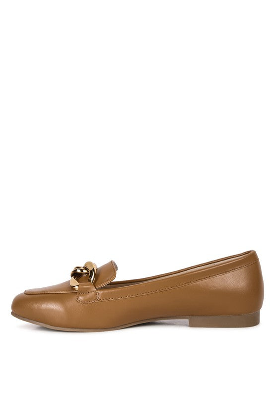 Chunky Metal Chain Faux Leather Loafers-Walking these incredibly stylish faux leather loafers is a treat. Crafted in great quality and finish, comfortable women's shoes have chunky metal chain detail.-Reef Love