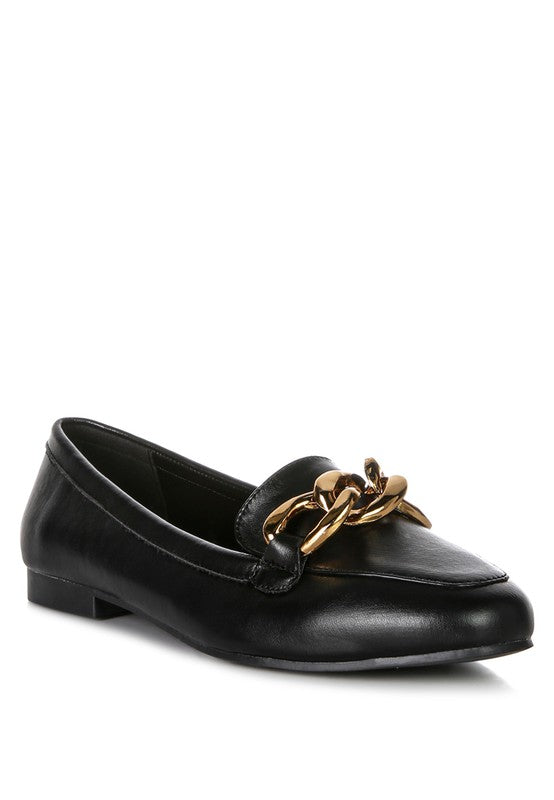 Chunky Metal Chain Faux Leather Loafers-Walking these incredibly stylish faux leather loafers is a treat. Crafted in great quality and finish, comfortable women's shoes have chunky metal chain detail.-Reef Love