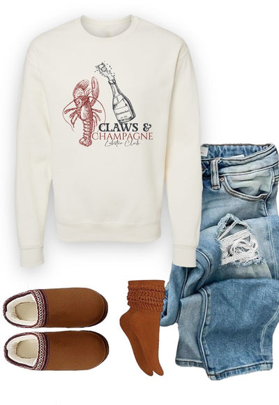 Claws & Champagne Lobster Club Graphic Sweatshirt-Claws & Champagne sweatshirt—vintage coastal vibes with a splash of sass. Perfect for Maine lobster boils, beach days, or your next brunch by the bay.-Reef Love