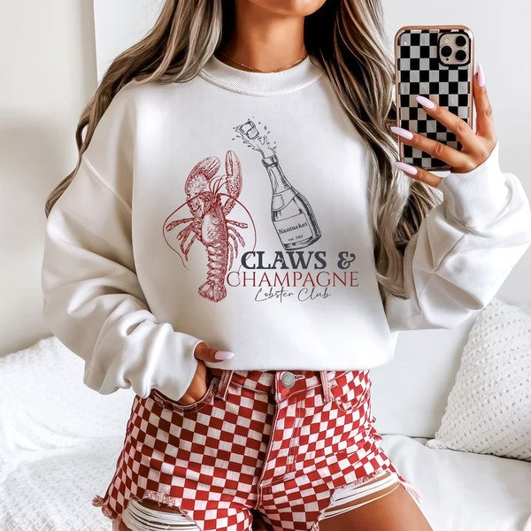 Claws & Champagne Lobster Club Graphic Sweatshirt-Claws & Champagne sweatshirt—vintage coastal vibes with a splash of sass. Perfect for Maine lobster boils, beach days, or your next brunch by the bay.-Reef Love