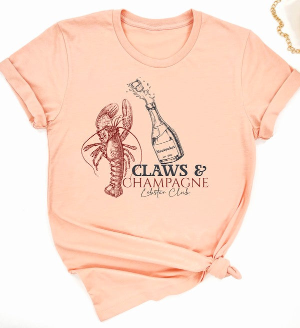 Claws & Champagne Lobster Club Graphic Top Tee-Cozy up in this Claws & Champagne graphic tee—coastal brunch vibes meet Maine lobster boil sass. Lightweight, cheeky, and perfect for sunny summer days.-Reef Love