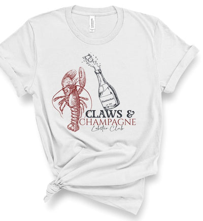 Claws & Champagne Lobster Club Graphic Top Tee-Cozy up in this Claws & Champagne graphic tee—coastal brunch vibes meet Maine lobster boil sass. Lightweight, cheeky, and perfect for sunny summer days.-Reef Love