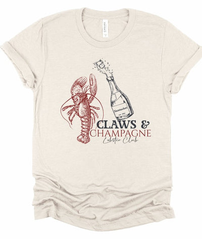 Claws & Champagne Lobster Club Graphic Top Tee-Cozy up in this Claws & Champagne graphic tee—coastal brunch vibes meet Maine lobster boil sass. Lightweight, cheeky, and perfect for sunny summer days.-Reef Love