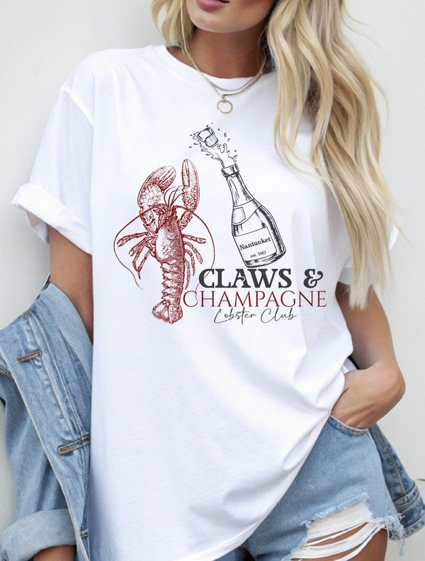 Claws & Champagne Lobster Club Graphic Top Tee-Cozy up in this Claws & Champagne graphic tee—coastal brunch vibes meet Maine lobster boil sass. Lightweight, cheeky, and perfect for sunny summer days.-Reef Love