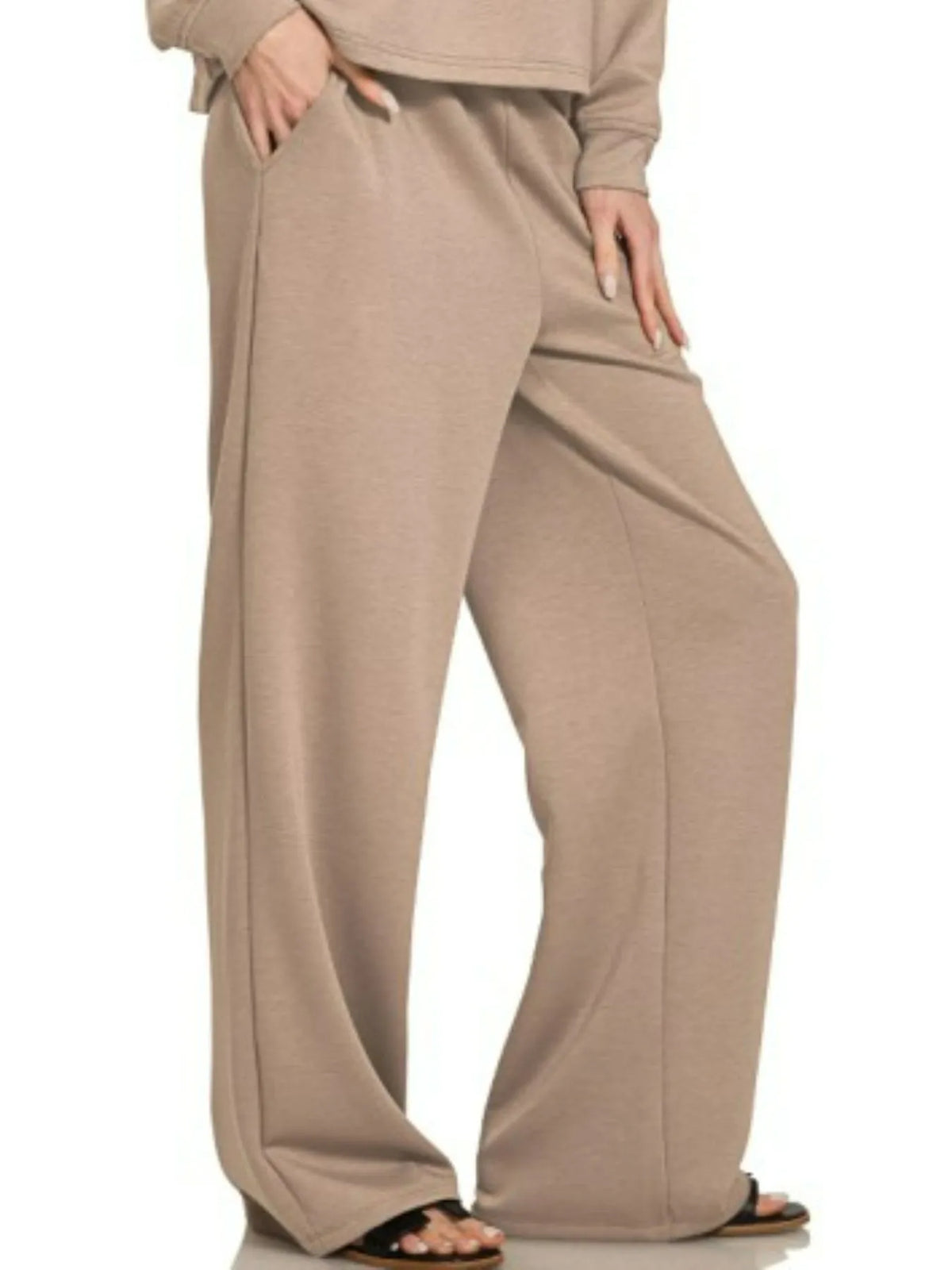 Cocoa Scuba Crewneck Sweatshirt and Pants Lounge Set-Cocoa scuba lounge set with oversized crewneck sweatshirt and wide-leg pants. Neutral two-piece outfit with drawstring waist for chic casual and athleisure style.-Reef Love