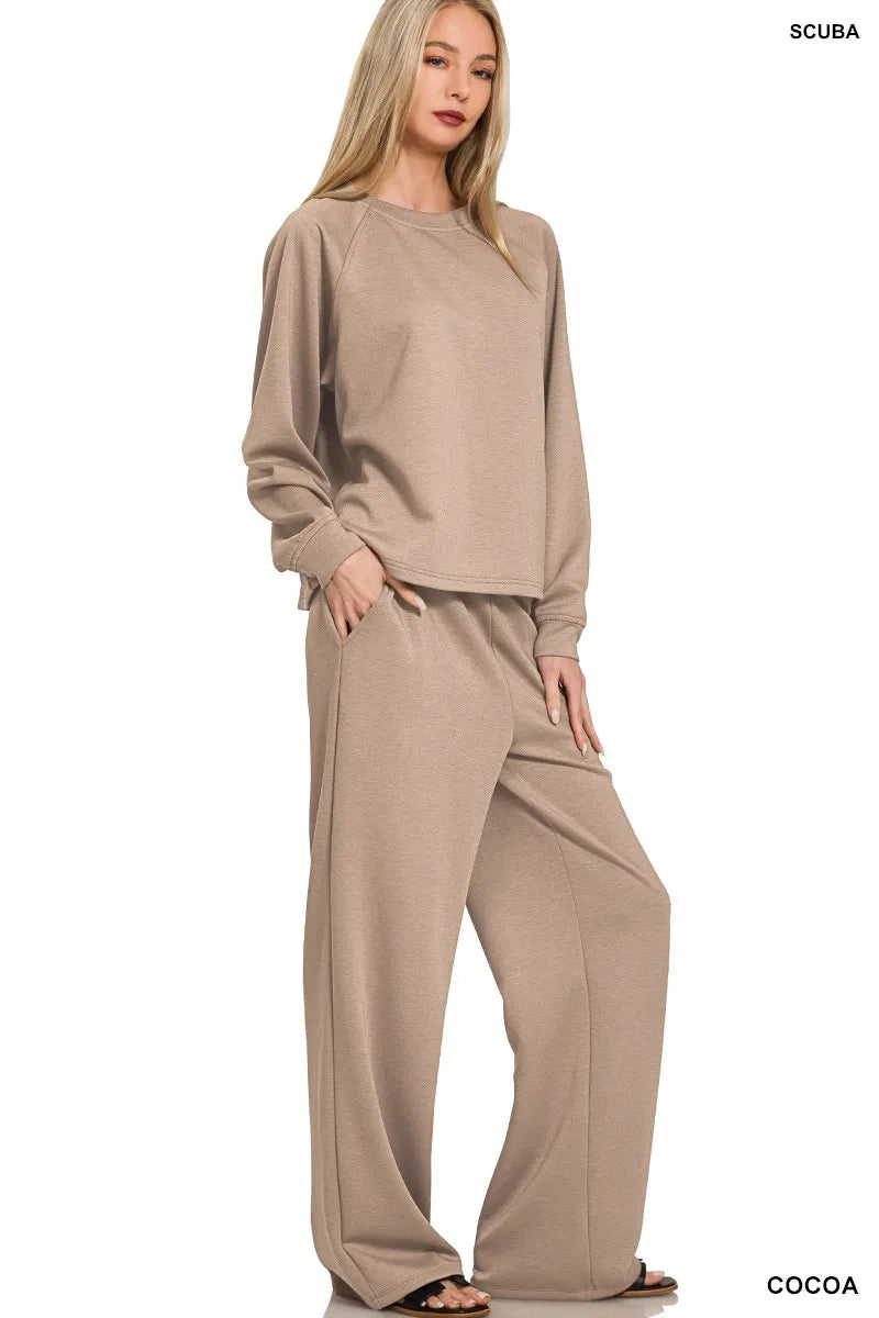 Cocoa Scuba Crewneck Sweatshirt and Pants Lounge Set-Cocoa scuba lounge set with oversized crewneck sweatshirt and wide-leg pants. Neutral two-piece outfit with drawstring waist for chic casual and athleisure style.-Reef Love