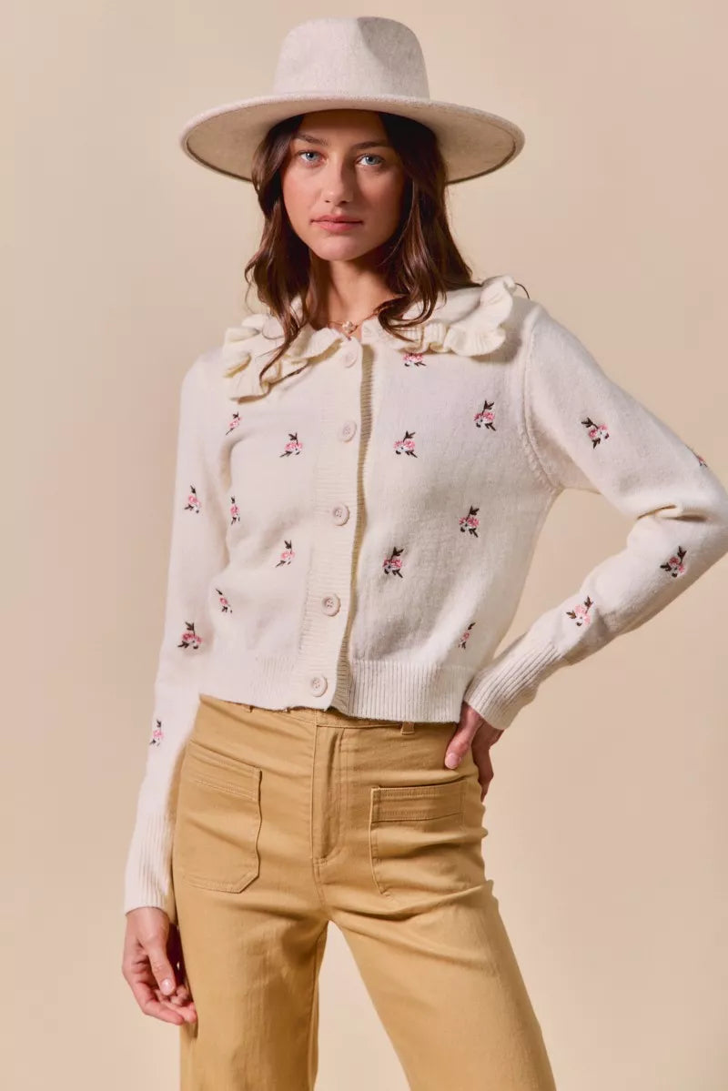 Collared Floral Embroidered Cardigan-Stay on-trend with this Collared Floral Embroidered Button Down Sweater Cardigan. Featuring a stylish floral embroidered design.