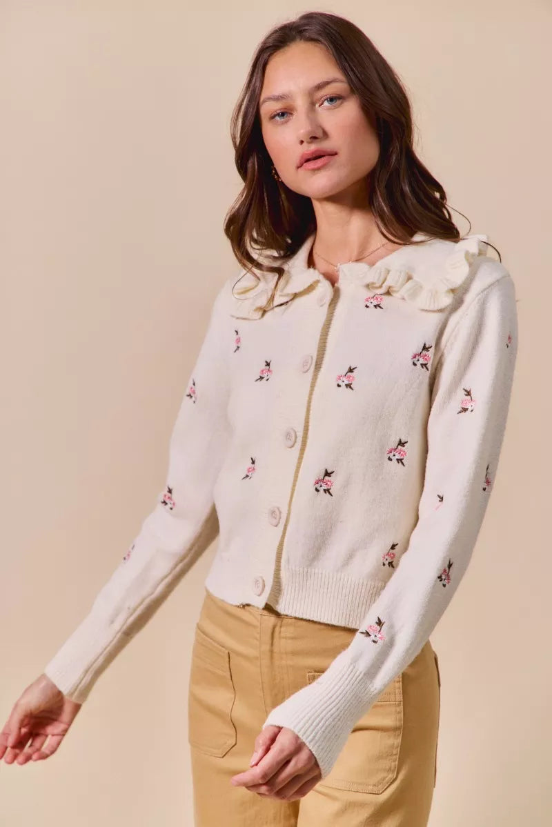 Collared Floral Embroidered Cardigan-Stay on-trend with this Collared Floral Embroidered Button Down Sweater Cardigan. Featuring a stylish floral embroidered design.