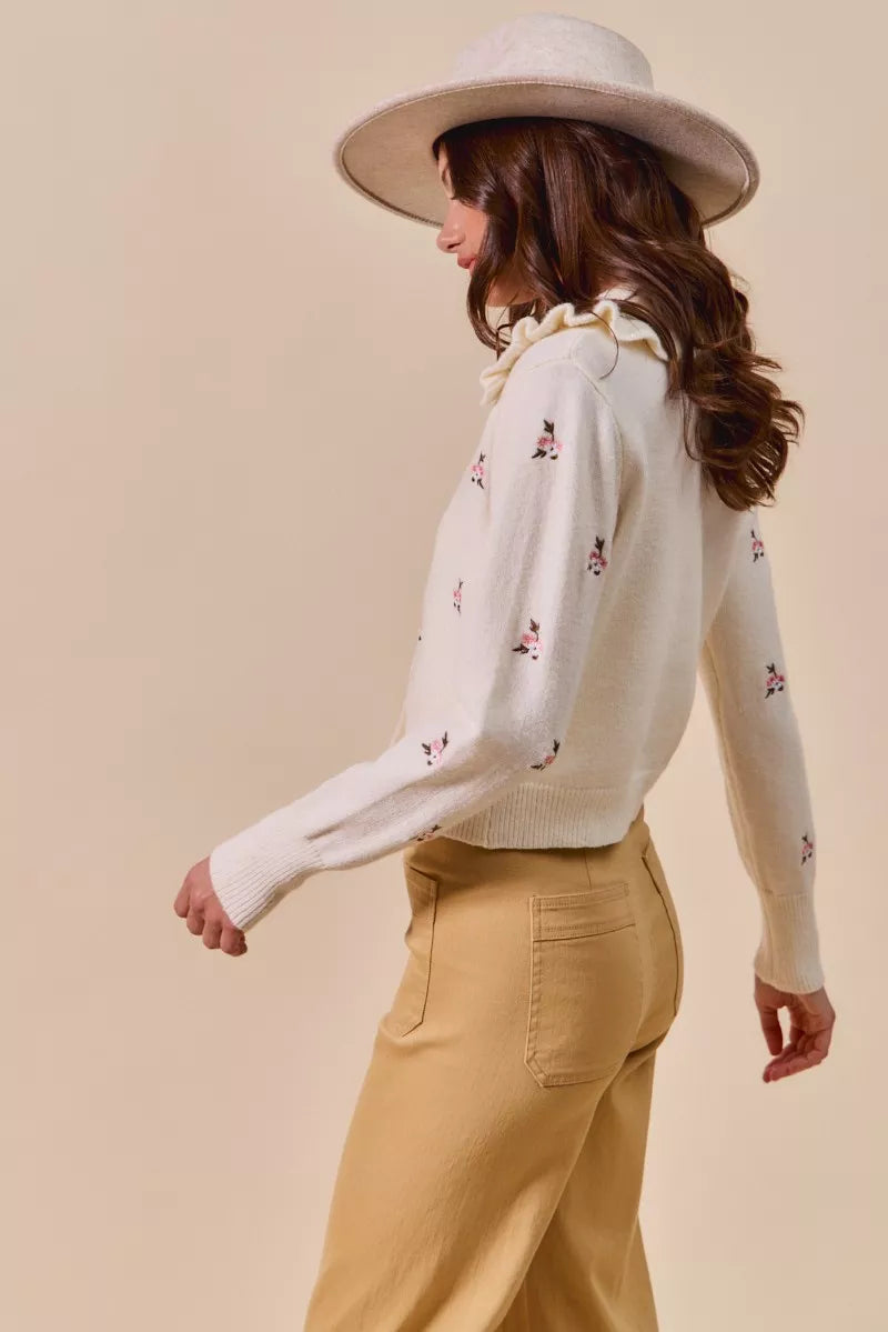 Collared Floral Embroidered Cardigan-Stay on-trend with this Collared Floral Embroidered Button Down Sweater Cardigan. Featuring a stylish floral embroidered design.