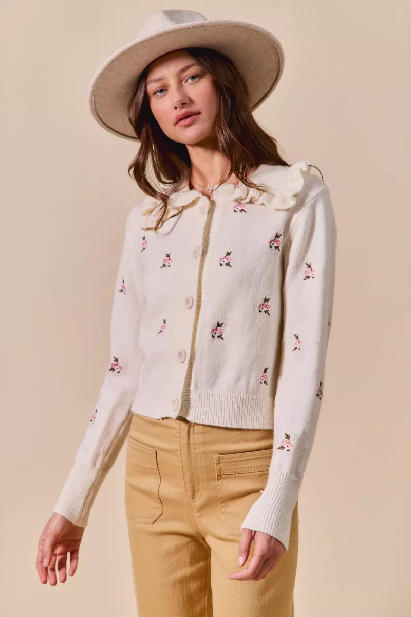 Collared Floral Embroidered Cardigan-Stay on-trend with this Collared Floral Embroidered Button Down Sweater Cardigan. Featuring a stylish floral embroidered design.