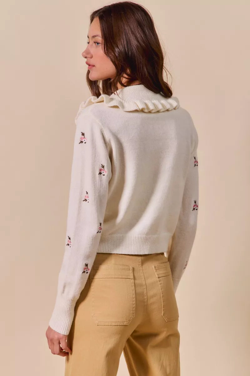 Collared Floral Embroidered Cardigan-Stay on-trend with this Collared Floral Embroidered Button Down Sweater Cardigan. Featuring a stylish floral embroidered design.