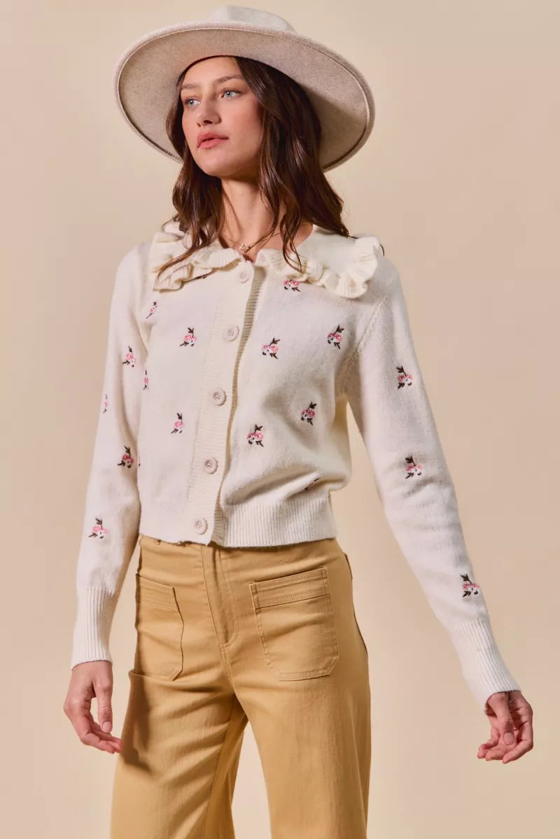 Collared Floral Embroidered Cardigan-Stay on-trend with this Collared Floral Embroidered Button Down Sweater Cardigan. Featuring a stylish floral embroidered design.