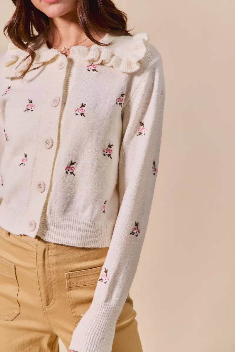 Collared Floral Embroidered Cardigan-Stay on-trend with this Collared Floral Embroidered Button Down Sweater Cardigan. Featuring a stylish floral embroidered design.