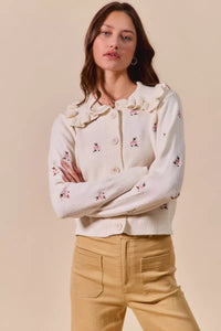 Collared Floral Embroidered Cardigan-Stay on-trend with this Collared Floral Embroidered Button Down Sweater Cardigan. Featuring a stylish floral embroidered design.