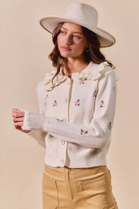 Collared Floral Embroidered Cardigan-Stay on-trend with this Collared Floral Embroidered Button Down Sweater Cardigan. Featuring a stylish floral embroidered design.