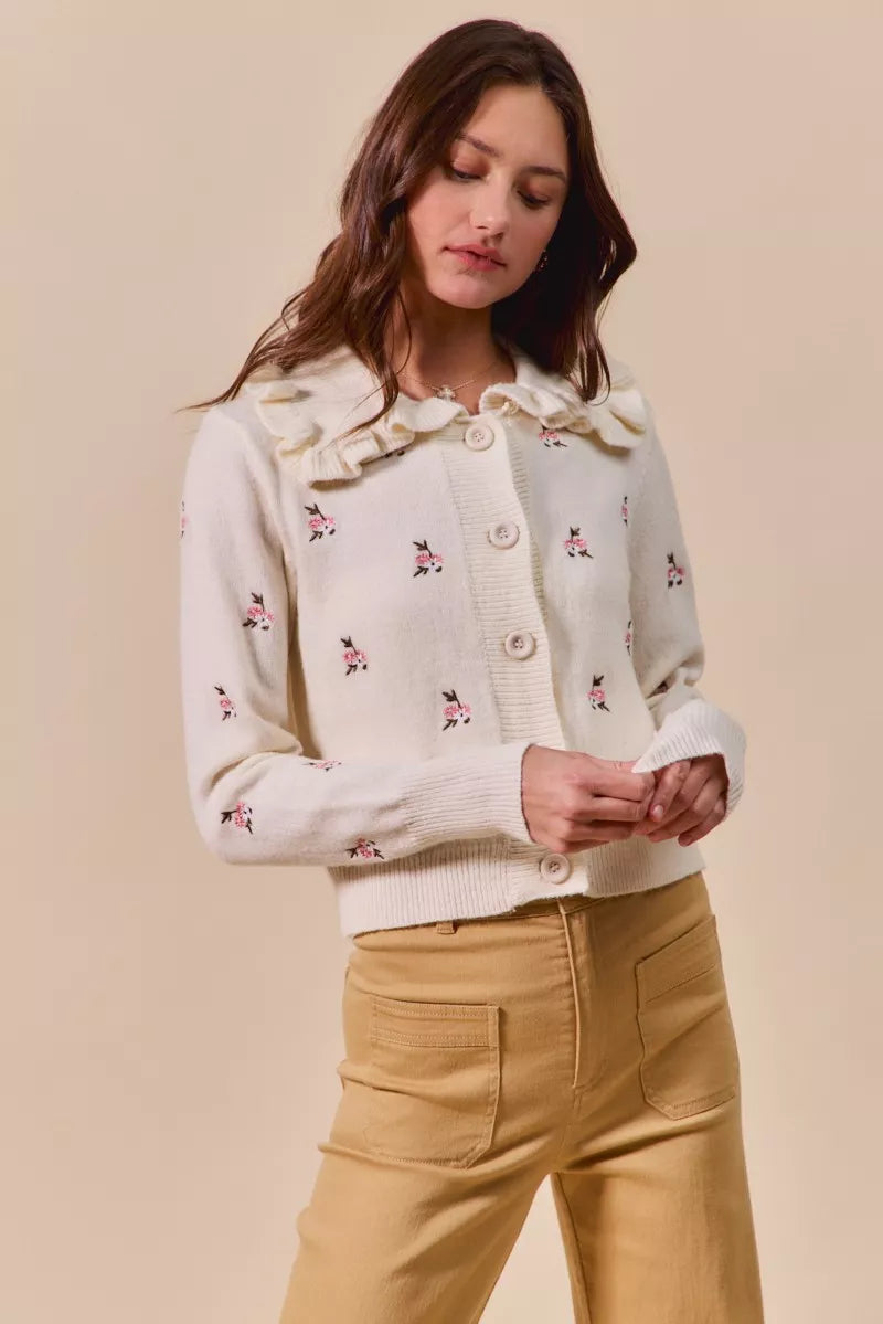 Collared Floral Embroidered Cardigan-Stay on-trend with this Collared Floral Embroidered Button Down Sweater Cardigan. Featuring a stylish floral embroidered design.