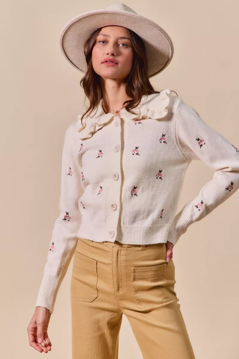 Collared Floral Embroidered Cardigan-Stay on-trend with this Collared Floral Embroidered Button Down Sweater Cardigan. Featuring a stylish floral embroidered design.