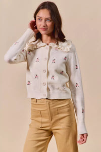 Collared Floral Embroidered Cardigan-Stay on-trend with this Collared Floral Embroidered Button Down Sweater Cardigan. Featuring a stylish floral embroidered design.