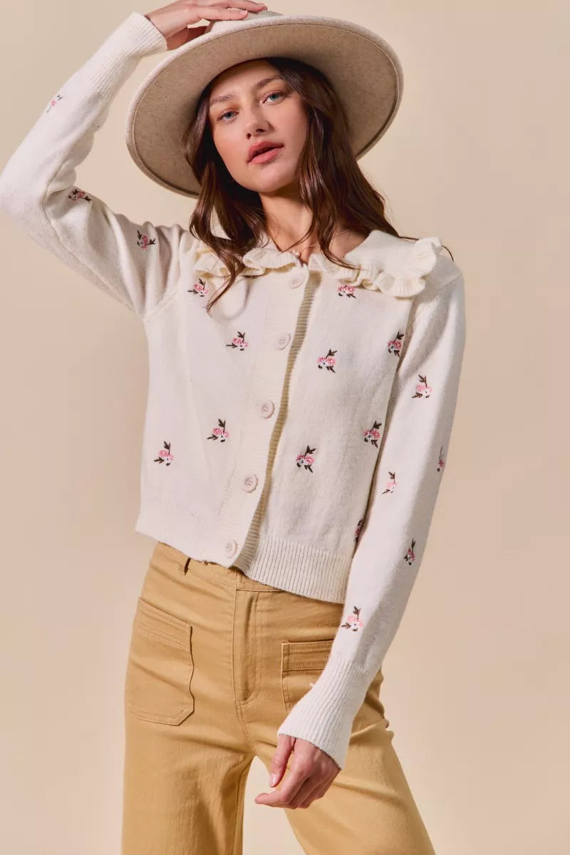 Collared Floral Embroidered Cardigan-Stay on-trend with this Collared Floral Embroidered Button Down Sweater Cardigan. Featuring a stylish floral embroidered design.