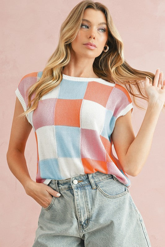 Color Block Cap Sleeve Sweater-This color block lightweight knit top features a boxy and oversized fit, fashionable and relaxed.The checkered print is perfect for going from edgy to dressy.-Reef Love