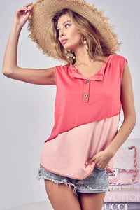 Color Block Contrast Stitching Buttoned Henley Top-Reef Love
