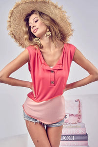 Color Block Contrast Stitching Buttoned Henley Top-Reef Love