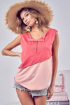 Color Block Contrast Stitching Buttoned Henley Top-Reef Love