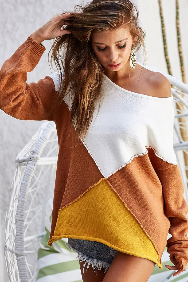 Color Block Rust Thanksgiving Sweater-Reef Love