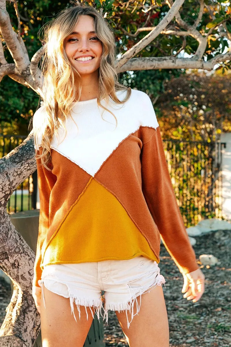Color Block Rust Thanksgiving Sweater-Reef Love