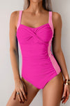 Shop Colorblock Spliced Halter One Piece Swimsuit-Colorblock halter one-piece swimsuit with bold print and bust support, extended sizes. Flattering fit, stretchy fabric, for beach days, pool parties, and vacations.-available at Reef Love online boho-chic boutique