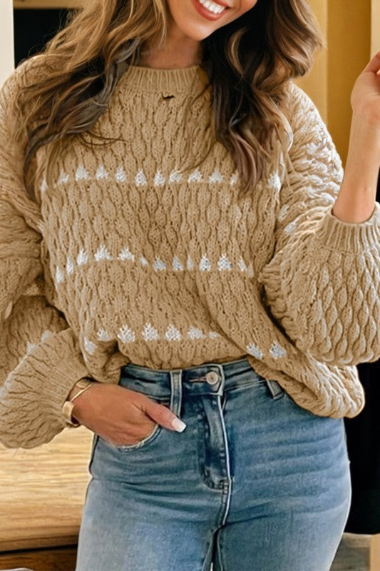 Colorblock Textured Knit Puff Sleeve Sweater- Boho Chic Styles by Reef Love