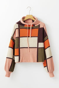 Colorblock Waffle Knit Drawstring Mock Neck Sweater