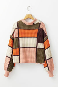 Colorblock Waffle Knit Drawstring Mock Neck Sweater