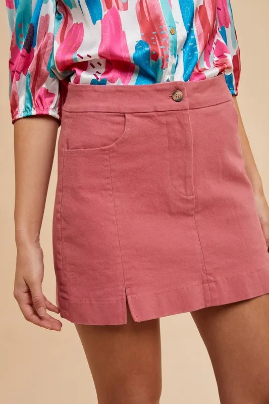 Comfort Stretch Cotton Slit Detailed Mini Skirt, Rose