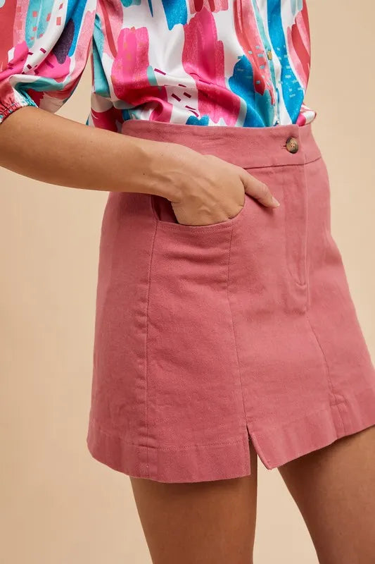 Comfort Stretch Cotton Slit Detailed Mini Skirt, Rose