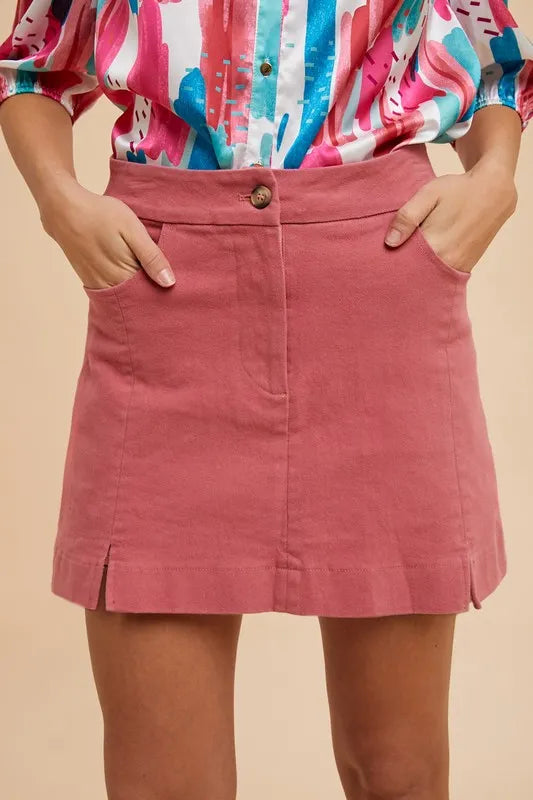 Comfort Stretch Cotton Slit Detailed Mini Skirt, Rose