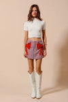 Contrast Bow Knot Pocket Fourth Of July Denim Skirt-Red & white striped denim mini skirt with bow knot detail & pockets. High-waisted & lightweight for summer fun—perfect for Fourth of July & casual styling.-Reef Love Boho-Chic Boutique