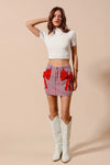 Contrast Bow Knot Pocket Fourth Of July Denim Skirt-Red & white striped denim mini skirt with bow knot detail & pockets. High-waisted & lightweight for summer fun—perfect for Fourth of July & casual styling.-Reef Love Boho-Chic Boutique