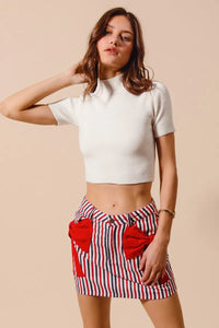 Contrast Bow Knot Pocket Fourth Of July Denim Skirt-Red & white striped denim mini skirt with bow knot detail & pockets. High-waisted & lightweight for summer fun—perfect for Fourth of July & casual styling.-Reef Love Boho-Chic Boutique