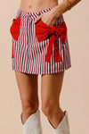 Contrast Bow Knot Pocket Fourth Of July Denim Skirt-Red & white striped denim mini skirt with bow knot detail & pockets. High-waisted & lightweight for summer fun—perfect for Fourth of July & casual styling.-Reef Love Boho-Chic Boutique