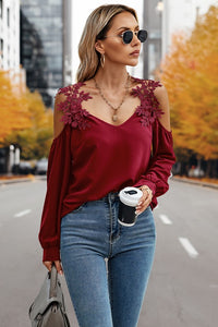 Contrast Low Back Lace Cold Shoulder Top