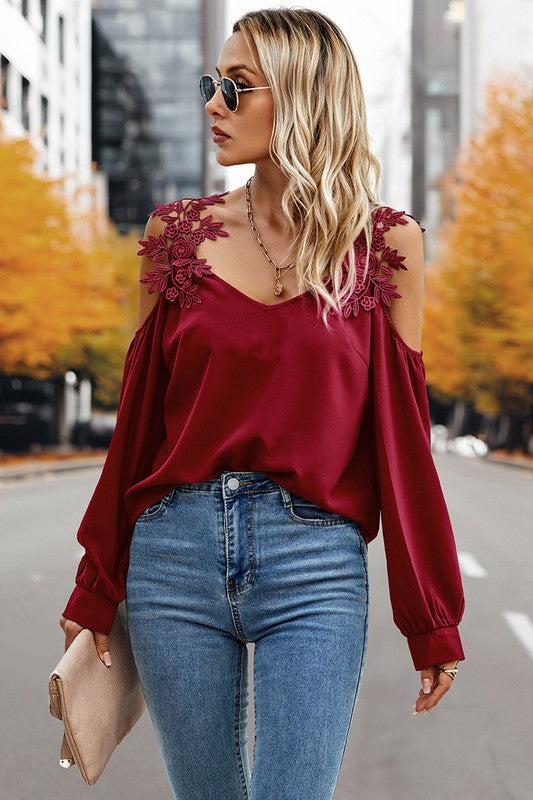 Contrast Low Back Lace Cold Shoulder Top