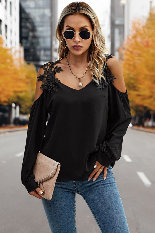 Contrast Low Back Lace Cold Shoulder Top