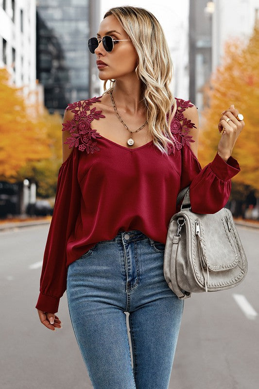 Contrast Low Back Lace Cold Shoulder Top