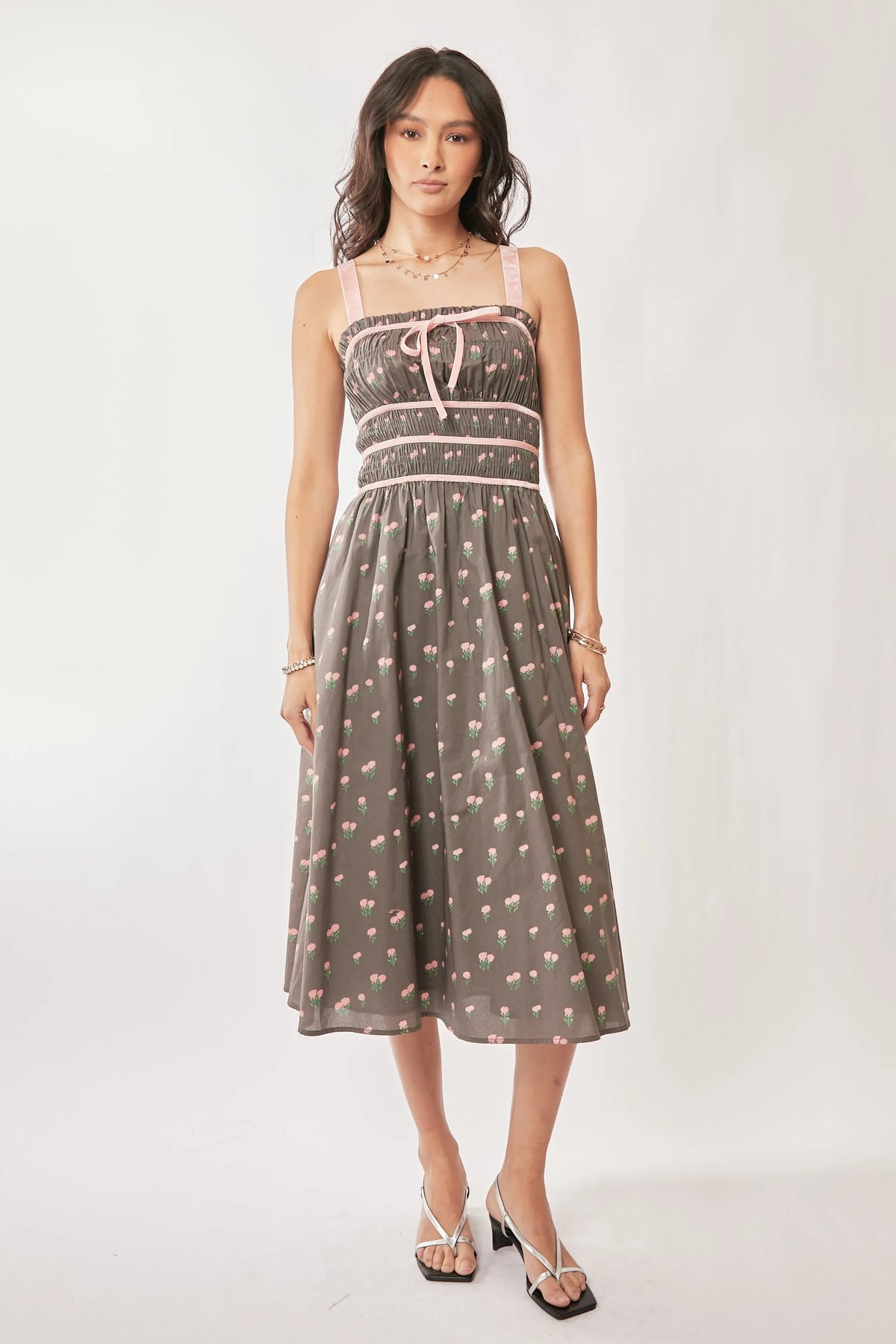 Contrast Velvet Tape Smocking Bodice Midi Dress-charming vintage-inspired midi dress, designed for effortless elegance. Crafted from 100% lightweight cotton, this breathable dress features a gray and cream polka dot pattern-Reef Love Boho-Chic Boutique