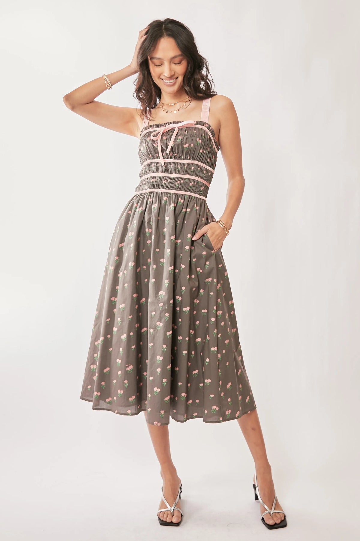 Contrast Velvet Tape Smocking Bodice Midi Dress-charming vintage-inspired midi dress, designed for effortless elegance. Crafted from 100% lightweight cotton, this breathable dress features a gray and cream polka dot pattern-Reef Love Boho-Chic Boutique